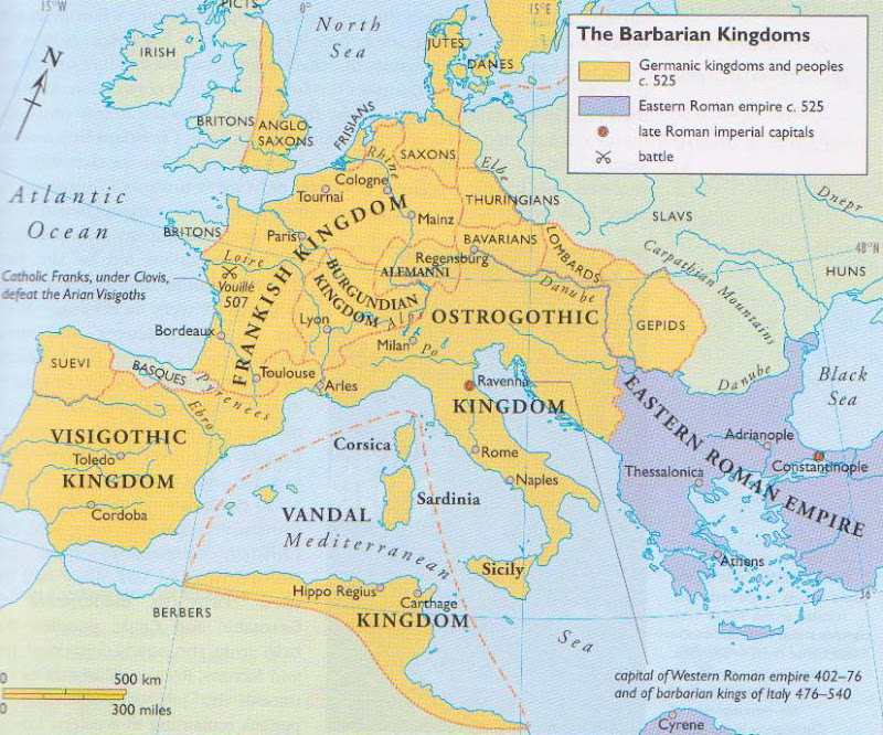 Mapa Los Reinos Barbaros durante el siglo VI [Barbaros